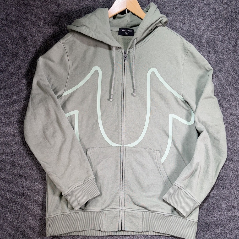 True Religion Big HS HD Zip Hoodie Men's Medium Green Logo Horseshoe Sweatshirt